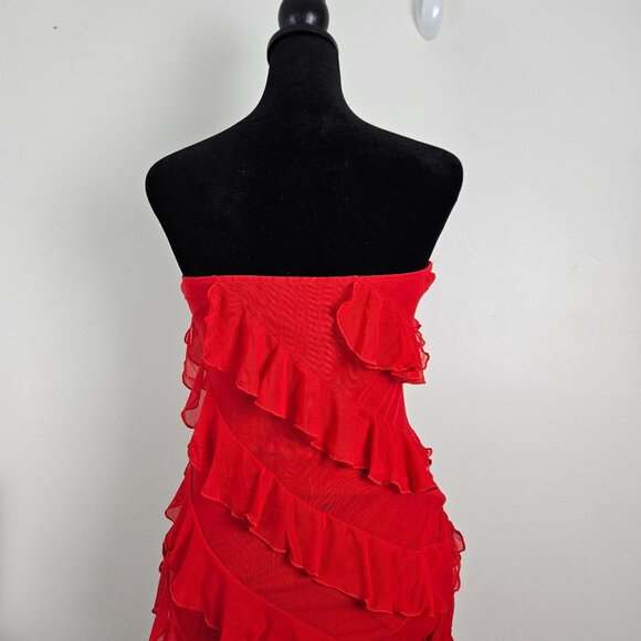 Womens Med Strapless Red Ruffle Midi Cocktail Dress Party Christmas Valentines - Picture 8 of 12